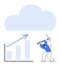 Worker mining data with pickaxe beneath cloud and growing bar chart representing cloud computing insights Royalty Free Stock Photo