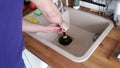 Unblocking the kitchen sink with vacuum apparatus, a person unblocks the sink with a vacuum