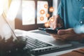 Man using smart phone on office desk with copy space Royalty Free Stock Photo