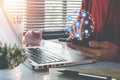 Man using smart phone on office desk with copy space Royalty Free Stock Photo