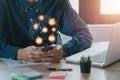 Man using smart phone on office desk with copy space Royalty Free Stock Photo