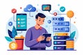 Man using smartphone to manage big data application in a tech, A man uses his smartphone to maintain big data applications, Royalty Free Stock Photo