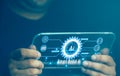 Man using the software technology AI to help and support work for chatbot Royalty Free Stock Photo