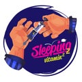 Man using the syring of sleep. sleep therapy concept. better sleep. sleep vitamin - vector