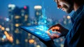 Man Using Tablet Device with Futuristic Digital Interface Displaying Data and Information Royalty Free Stock Photo