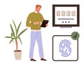 Man Using Tablet Near Security System with Fingerprint and Plant in Modern Workspace Royalty Free Stock Photo