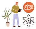 Man Using Tablet with Science and Alert Icons, Standing Near Indoor Plant Royalty Free Stock Photo