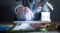 Man using tablet. Trash can and files. Delete files Royalty Free Stock Photo