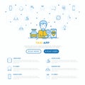 Man using taxi app. Web page template with thin line icons: payment method, promocode, app settings, info, support service, phone