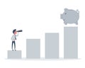 A man using telescope to see the graph and piggy bank is on the top , it is a sign of progress a business sales is going Royalty Free Stock Photo