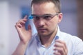 Man using virtual reality gadget computer glasses Royalty Free Stock Photo