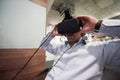 Man using virtual reality gadget computer glasses Royalty Free Stock Photo