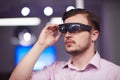 Man using virtual reality gadget computer glasses Royalty Free Stock Photo