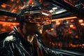 a man using virtual reality glasses, futuristic metropolis as a background Royalty Free Stock Photo