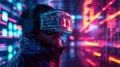 Man using virtual reality headset with digital data display Royalty Free Stock Photo