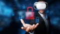 Man using virtual reality headset with floating digital locks and security icons representing cybersecurity technology Royalty Free Stock Photo