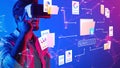 Man using virtual reality headset interacting with data visualizations and digital elements in a colorful, futuristic Royalty Free Stock Photo