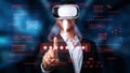 Man using virtual reality headset interacting with digital security interface featuring warning signs, data privacy Royalty Free Stock Photo