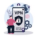 Man using VPN to protect personal data in phone. App for secure internet connection, data encryption. Security protocol Royalty Free Stock Photo