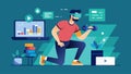 A man using VR technology to track his daily fitness goals and progress while working remotely.. Vector illustration.