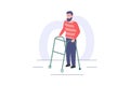 Man using walker or walking frame. Person stand with ront-wheeled walker. Disabilities concept. Vector illustration isolated on Royalty Free Stock Photo