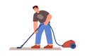 Man vacuuming carpet or floor, flat vector illustration isolated on white background. Royalty Free Stock Photo