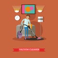 Man vacuuming floor in his room. Cleaning service concept vector illustration.