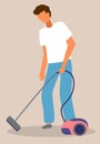 Man vacuuming icon, guy cleaning floor with vacuum cleaner, home activity during quarantine time Royalty Free Stock Photo