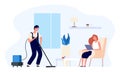 Man vacuums. Man cleans house illustration. Happy flat couple, daily routine vector concept Royalty Free Stock Photo