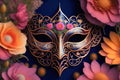 Man Venetian carnival mask whit flowers around and Blue background. Generative ai