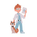 A man is very joyful and loves taking care of adorable animals, such as a very friendly cat. Vector Illustration.