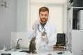 Man veterinarian listening cat with stethoscope during appointment in veterinary clinic Royalty Free Stock Photo