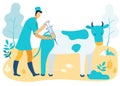 Man Veterinarian with Syringe Inject Cow. Vector.