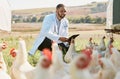 Man, veterinary or tablet on chicken farm for healthcare wellness, bird flu compliance or growth hormone research. Smile Royalty Free Stock Photo