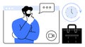 Man in Video Call Thinking with Speech Bubble, Clock, and Briefcase Elements Nearby Royalty Free Stock Photo