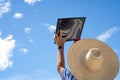 Man viewing a solar eclipse via DIY telescope with indirect observation method Royalty Free Stock Photo