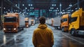 Man overseeing fleet of trucks with augmented reality interface data Royalty Free Stock Photo