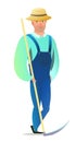 Man villager farmer in overalls. Guy is an agricultural worker. Cheerful person. Standing pose. Cartoon comic style flat