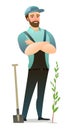 Man villager farmer in overalls. Guy is an agricultural worker. Cheerful person. Standing pose. Cartoon comic style flat