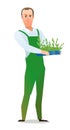 Man villager farmer in overalls. Guy is an agricultural worker. Cheerful person. Standing pose. Cartoon comic style flat