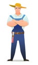 Man villager farmer in overalls. Guy is an agricultural worker. Cheerful person. Standing pose. Cartoon comic style flat