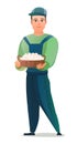 Man villager farmer in overalls. Guy is an agricultural worker. Cheerful person. Standing pose. Cartoon comic style flat