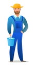 Man villager farmer in overalls. Guy is an agricultural worker. Cheerful person. Standing pose. Cartoon comic style flat