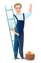 Man villager farmer in overalls. Guy is an agricultural worker. Cheerful person. Standing pose. Cartoon comic style flat