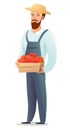 Man villager farmer in overalls. Guy is an agricultural worker. Cheerful person. Standing pose. Cartoon comic style flat