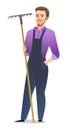 Man villager farmer in overalls. Guy is an agricultural worker. Cheerful person. Standing pose. Cartoon comic style flat