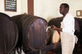 Man vinedresser works in a wine-vault