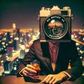 Man with Vintage Camera Head - Surveillance Dystopia. Generative AI Royalty Free Stock Photo