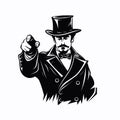 Man in vintage hat threateningly pointing with his finger. Vector black vintage engraved illustration of aggression