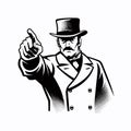 Man in vintage hat threateningly pointing with his finger. Vector black vintage engraved illustration of aggression Royalty Free Stock Photo